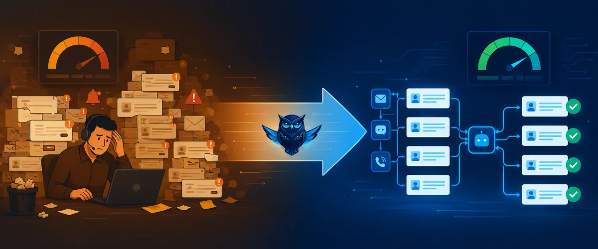Perbandingan workflow sebelum dan sesudah implementasi AI Customer Support Agent oleh Ventera AI